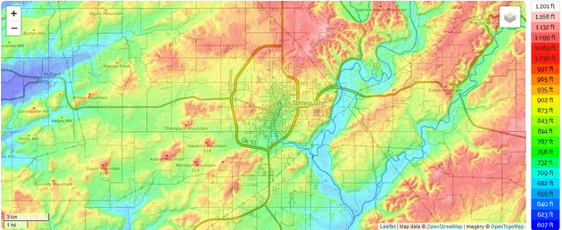 Topographical Map of Tahlequah, Oklahoma