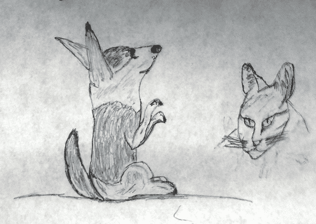 Sketch of a begging dog and cute cat